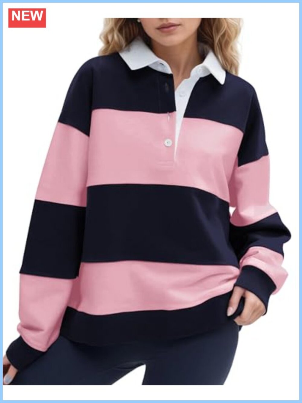 Oversized Cotton Blend Striped Polo Sweatshirt Color Block Long Sleeve Pullover